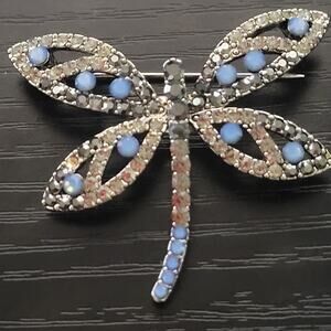 Vintage Blue & Purple Gemstones Rhinestone Dragonfly Flying Brooch Pin